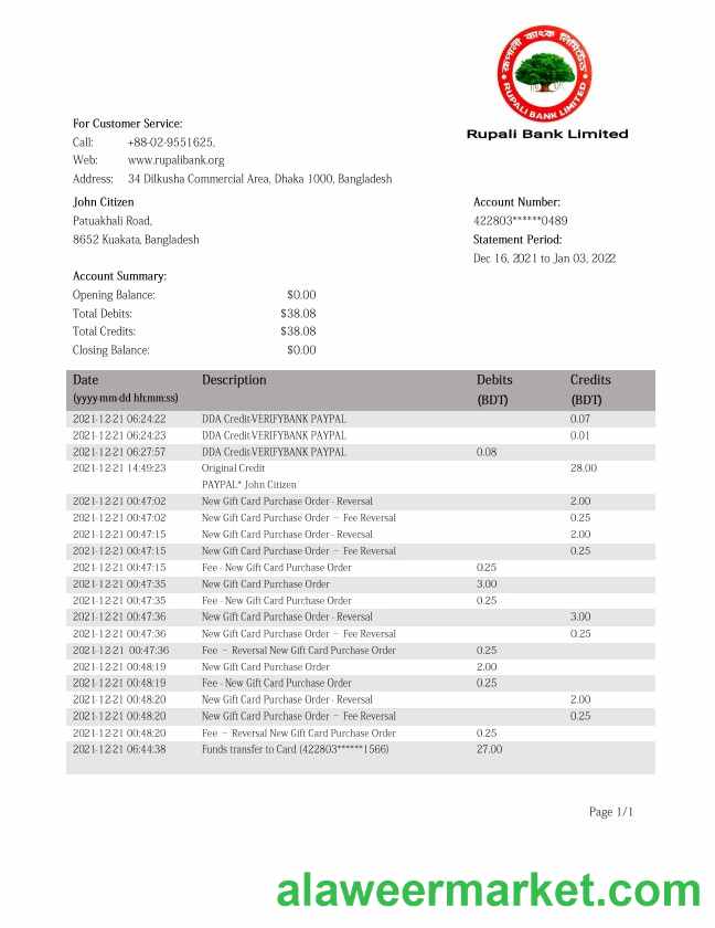 Bangladesh Rupalii Bank statement